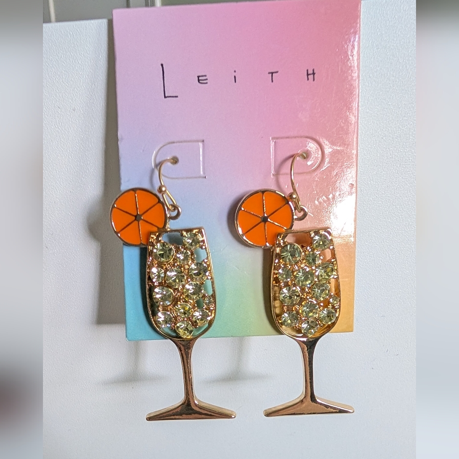 Nordstrom Leith Gold Tone Aperol Spritz Cocktail Dangling Earrings Rhinestones 11$